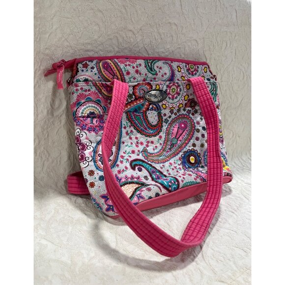 Donna Sharp Quilted Flowery Paisley Tote Bag With Zipper & Pink Handles - Picture 1 of 13